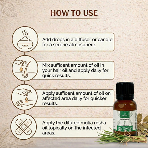 Motia Rosha (Palmarosa) Essential Oil for Aromatherapy & External Use, Floral Fragrance Oil, 15 ml