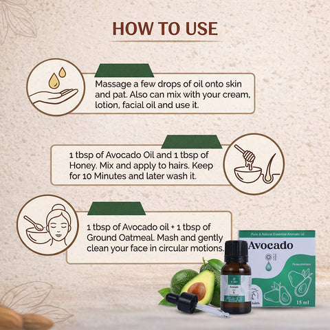 Avocado Essential Oil for Skin & Hair Care, Moisturizing & Nourishing Oil, Lightweight & Non-Greasy, 15 ml
